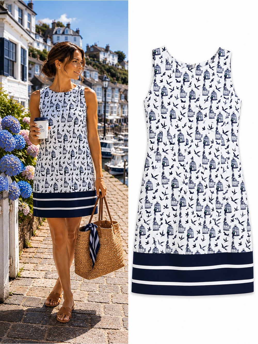 Julian Taylor Birdcage Bird Print Shift Dress Navy White Size 12 Pockets
